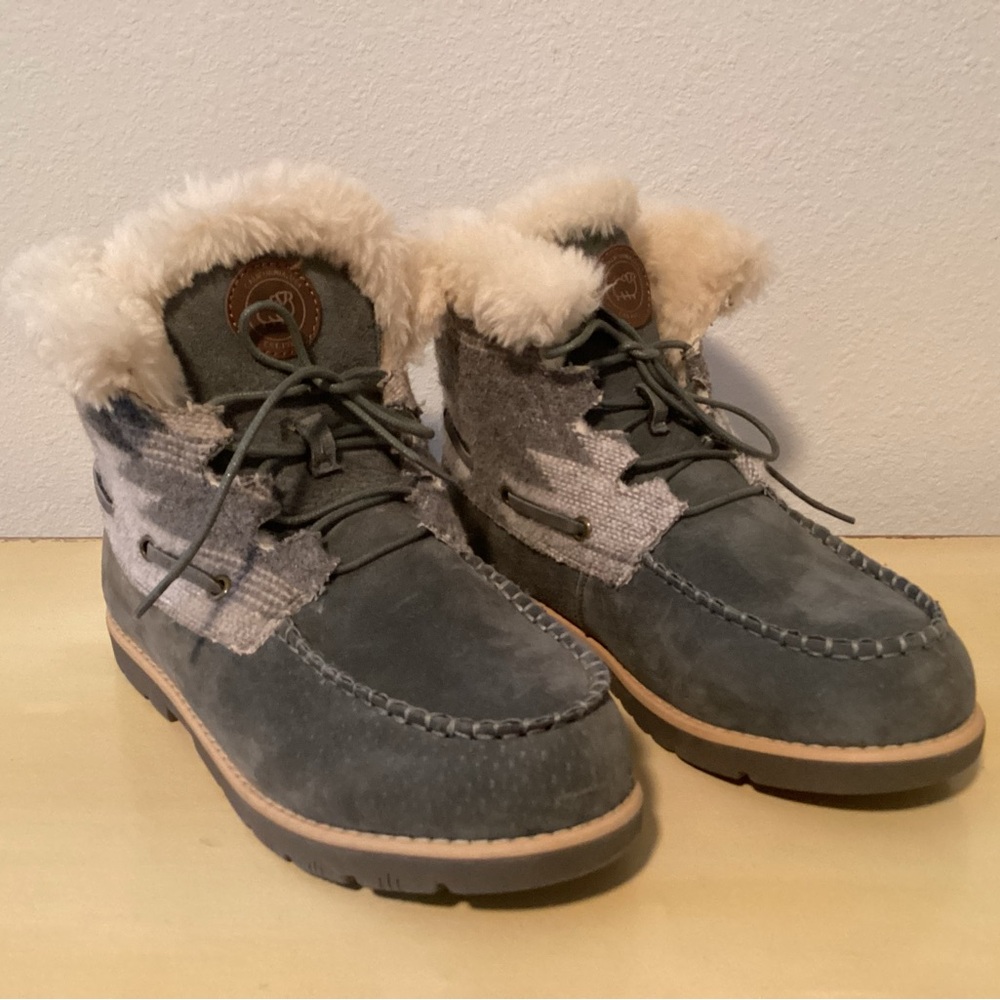 Lamo Gray Suede Faux Fur Trim Ankle Boots